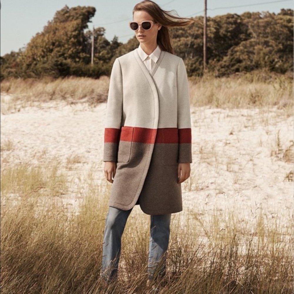 Tory Burch Wool Stripe Blanket Coat Grey Orange Brown Size 4 Mid-length